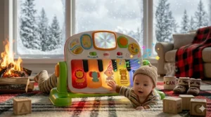 Illustration of a 6-month-old baby using a piano toy during tummy time to build neck and core strength.