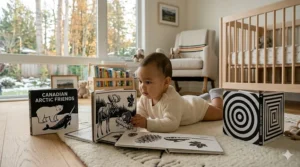 A baby practicing tummy time on a play mat surrounded by standing black and white high-contrast board books.