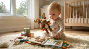 A beautifully wrapped birthday present containing a jewelry making kit for girls is shown with a festive "Happy Birthday / Bonne Fête" gift tag, ready for a celebration in a Canadian home.