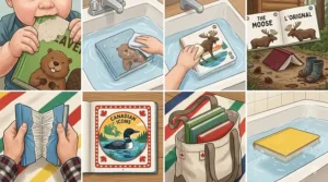 A close-up, photorealistic image of an indestructible baby book titled "My First Beaver Tale" being washed with soap and water to demonstrate its sanitizable and waterproof material.