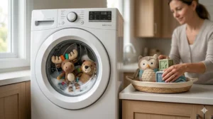 Machine-washable baby soft toys being cleaned, emphasizing durability for busy parents.