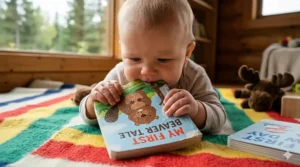 An illustration of waterproof, indestructible baby books next to a campfire and tent in the Canadian wilderness.