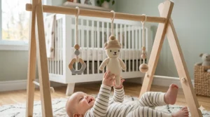 Close-up of smooth, non-toxic maple wood finish on a baby gym, designed for safety-conscious Canadian parents.