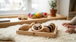 Artisan-crafted wooden rattle set for infants, highlighting natural textures and gentle sensory sounds.