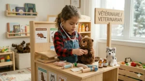 Kids vet clinic pretend play sets with toy medical tools treating a plush animal.