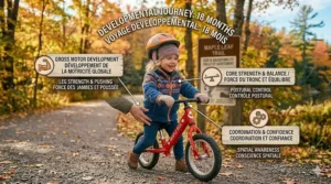 Infographic illustration showing the gross motor skill and coordination benefits of a balance bike for an 18 month old.