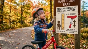 An illustration of a balance bike for 18 months showing adjustable seat heights in centimeters for growing Canadian toddlers.