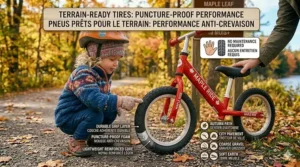 Illustration of maintenance-free, puncture-proof tires on a balance bike for 18 months handling outdoor Canadian trail terrain.