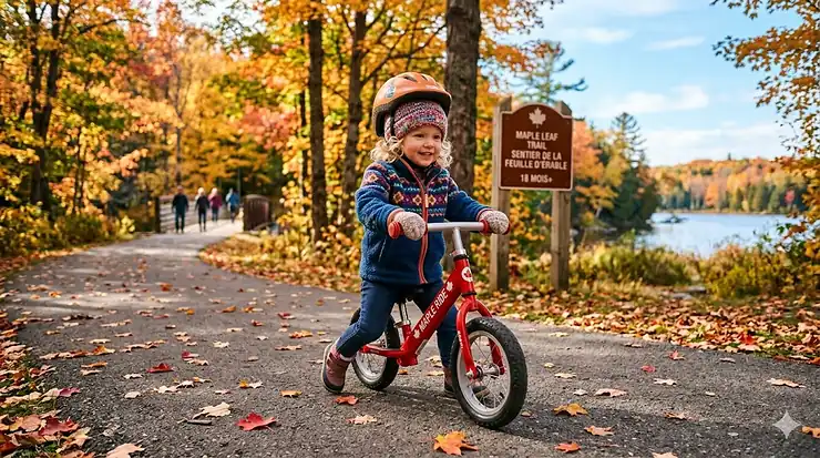 A Canadian toddler riding a red balance bike for 18 months old on a paved park path lined with maple trees in autumn.