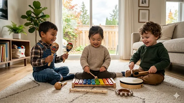 A diverse group of Canadian toddlers playing with wooden musical instruments in a bright, modern living room.