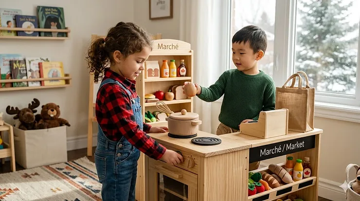 Two Canadian children playing with premium wooden pretend play sets inside a cozy home playroom.