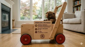 Authentic Canadian made baby push toys for toddlers featuring bilingual English and French packaging (Fabriqué au Canada).