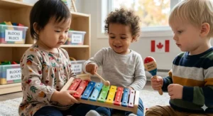 Colourful xylophone with notes labeled in English and French for bilingual toddler music education.