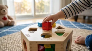 A colorful shape sorter toy illustration featuring English and French labels for shapes like square/carré and triangle.