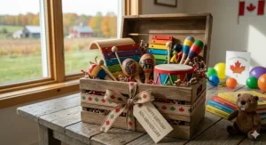 A beautifully wrapped set of toddler music instruments, a popular birthday gift choice for Canadian kids.