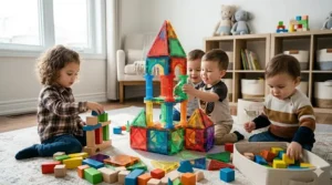 A minimalist wooden toy set for toddlers with building blocks featuring a Canadian maple leaf design.