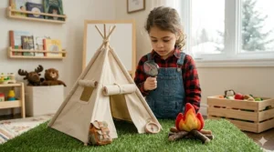 Childrens camping theme pretend play sets featuring a toy canvas tent and plush campfire logs.