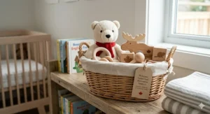 A curated gift basket featuring a variety of essential Canadian made baby toys for a newborn.