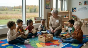 Three toddlers in a circle sharing various music instruments at a local community centre in Ontario.