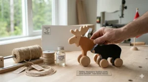 A wrapped gift box next to a classic puppy pull along toy, a popular first birthday gift in Canada.