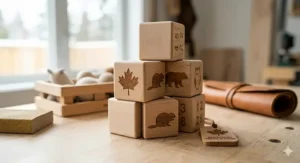 Artisan-crafted wooden blocks, a prime example of high-quality Canadian made baby toys.