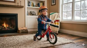 Illustration of a toddler riding a lightweight balance bike for 18 months indoors on a living room rug during a Canadian winter.