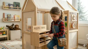 Toddler indoor cottage pretend play sets encouraging social role play and sharing.