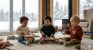 A toddler in a cozy sweater playing a toy drum set during a snowy Canadian winter day indoors.