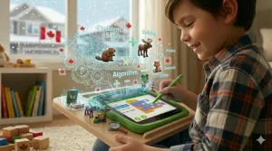A wide, natural light perspective photograph of a child seated on a comfortable rug using a green LeapFrog tablet at a customized wooden lap desk, surrounded by educational wooden blocks and toys, with a scenic view of a snowy Canadian winter landscape from the window.