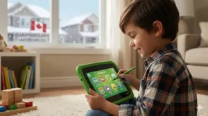 A detailed educational illustration focusing on a LeapFrog tablet screen displaying an active language lesson with side-by-side English and French text examples (An Apple / Une Pomme, A Book / Un Livre) next to physical miniatures of a red apple and a book, with natural light.