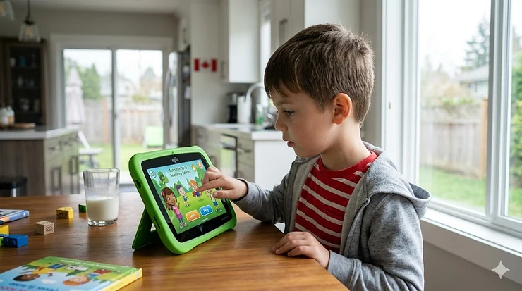 A close-up photograph of a child in Canada, wearing a plaid flannel shirt, smiling as they use a green LeapFrog tablet (Epic model) on a fluffy rug, with natural light from a window showing a snowy suburban street and a Canadian flag.