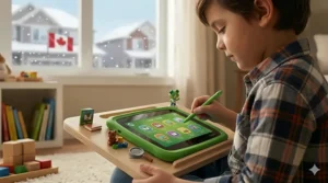 A detailed map game on a LeapFrog tablet screen that visualizes physical geography across Canada, featuring interactive miniatures of Canadian wildlife like a moose and caribou, an Inukshuk, and regional landmarks like a lighthouse and Parliament, under soft, natural daylight.