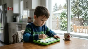 An illustrative overview diagram on a LeapFrog tablet screen showing key features of the bilingual learning system (Lisez / Read, Jeux / Games, Maths / Calcul) with stylized Canadian icons like a moose and a maple leaf, rendered in a colorful and natural illustrative style.