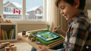 A vibrant, illustrative lesson on a LeapFrog tablet screen visualizing the cognitive benefits of early bilingual brain development, showing interconnected neural pathways and icons representing both the English (Language Processing) and French (Traitement du Langage) language skills.