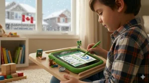 A comprehensive progress-tracking dashboard on a LeapFrog tablet screen showing a Canadian child's learning journey across multiple subjects (STEM/STIM, Math, Reading/Lecture) with stylized charts, a daily time wheel graph, and physical miniatures of achievement badges.