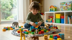 Tout-petit empilant des briques Lego Duplo colorées pour un jeu créatif / Tout-petit empilant des briques Lego Duplo colorées pour un jeu créatif