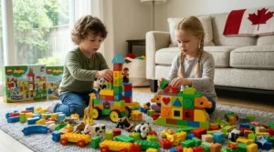 Tout-petit développant sa motricité fine avec des briques Lego Duplo / Tout-petit développant sa motricité fine avec des briques Lego Duplo