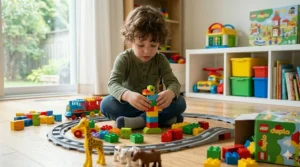 Enfant connectant les rails d'un ensemble de train Lego Duplo / Enfant connectant les rails d'un ensemble de train Lego Duplo