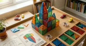 Children collaborating to build a tall tower using Magna Tiles, fostering teamwork and imaginative play.