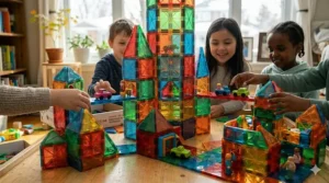 Wide shot of a well-organized Magna Tiles play area in a Canadian living room, reflecting family-friendly fun.