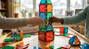 Display of various geometric magnetic tiles, emphasizing the endless possibilities for building and learning.