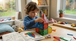A variety of Magna Tiles magnetic shapes scattered on a play mat, showcasing the vibrancy of the set available in Canada.
