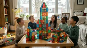 Top-down view of colorful, translucent magnetic tiles arranged on a surface, highlighting the high-quality design and safety for kids.