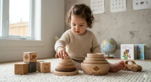 Educational Montessori-style Canadian made baby toys designed for sensory development in toddlers.