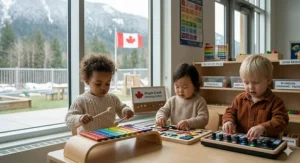 Illustration showing a toddler developing fine motor skills using a colourful mallet and chime set.