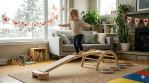 Wooden balance beam indoor toy for motor skills.