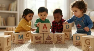 Close-up of a toddler's hands connecting building blocks to develop early STEM and motor skills.