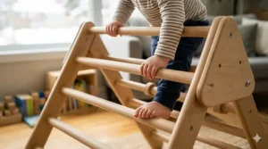 Toddler climbing on a wooden arch indoor toy.