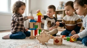 A tidy playroom corner with storage bins organizing various sets of building blocks for toddlers.
