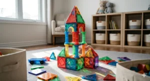 Two toddlers learning to share building blocks, promoting social development in a Canadian playroom.